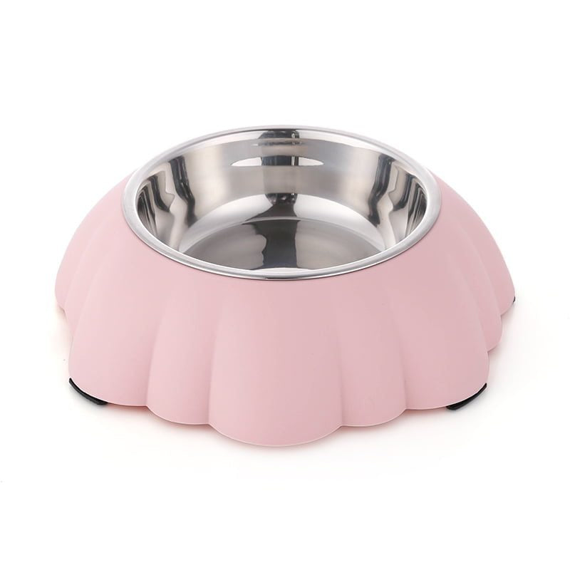 Single Dining Pet Feedrer With Stainless Steel Bowl & Non Slip Rubber Bottom-Pink- 21*21*6Cm