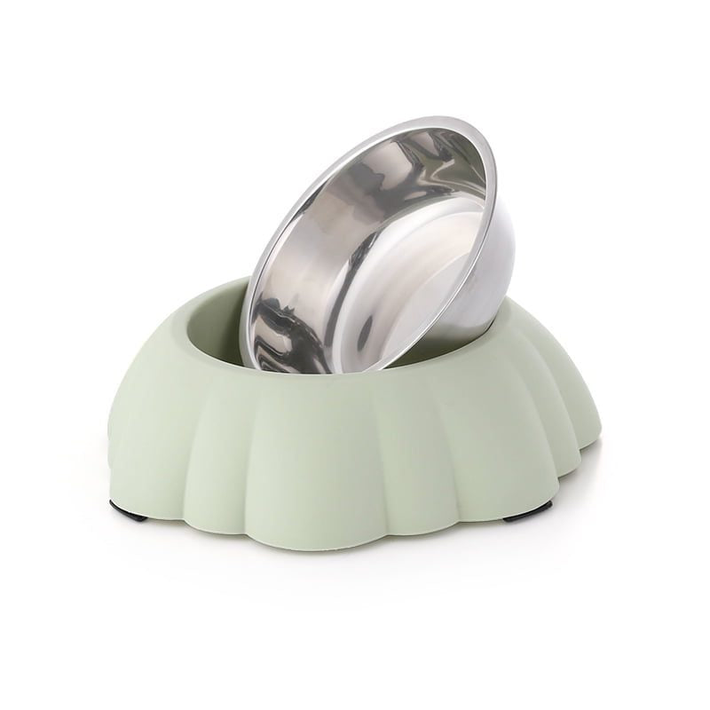 Single Dining Pet Feedrer With Stainless Steel Bowl & Non Slip Rubber Bottom-Green- 21*21*6Cm