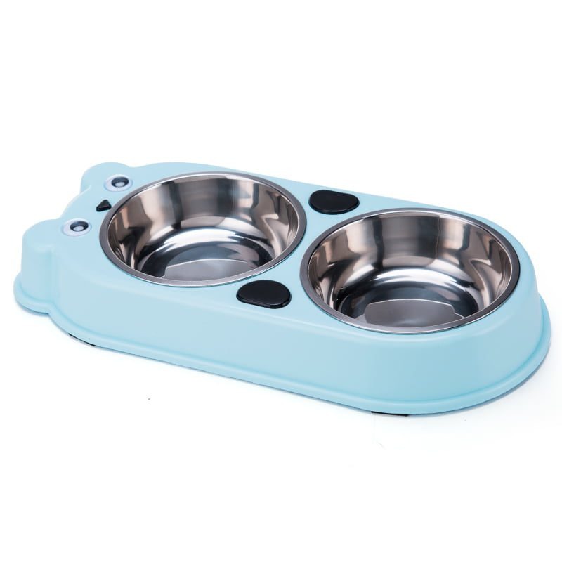 Double Dining Bear Shaped Pet Feedrer With Stainless Steel Bowl & Non Slip Rubber Bottom-Blue- 37*18.5*5Cm