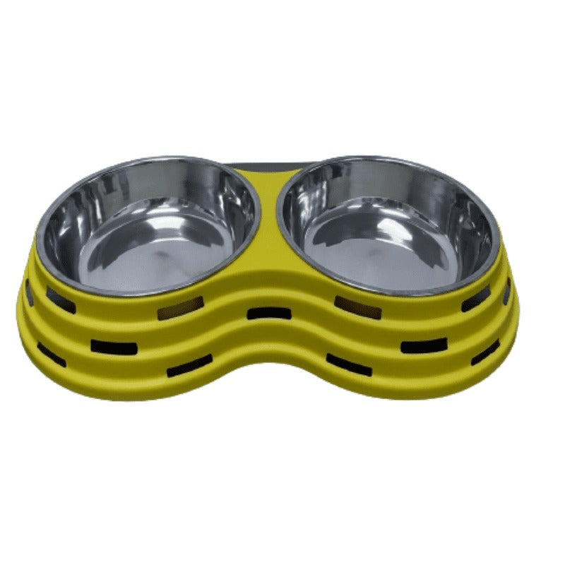 Double Dining Pet Feedrer With Stainless Steel Bowl & Non Slip Rubber Bottom-Yellow -41.5*22*7Cm