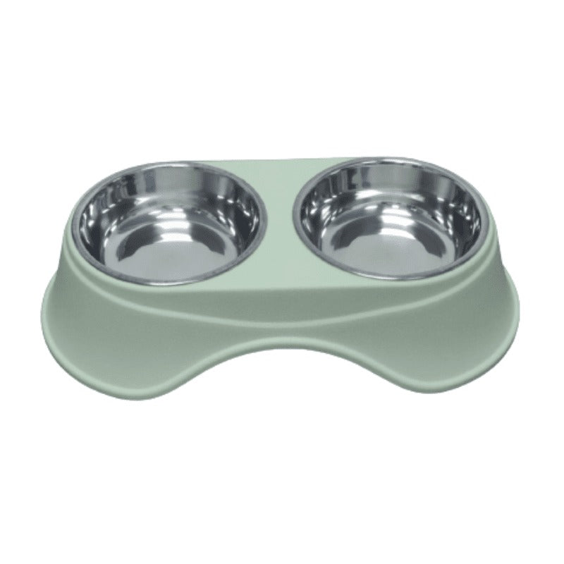Double Dining Pet Feedrer With Stainless Steel Bowl & Non Slip Rubber Bottom-Green- 36.5*19*9