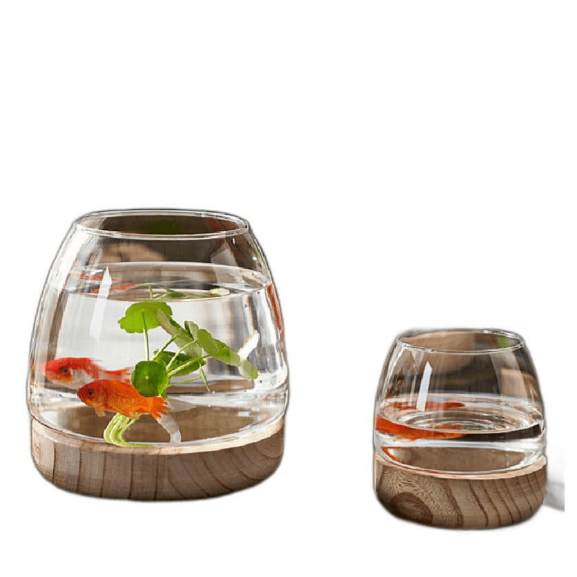 Perfect Clear Glass Round Shaped Fish Tank With Wooden Base -9x12.5cm