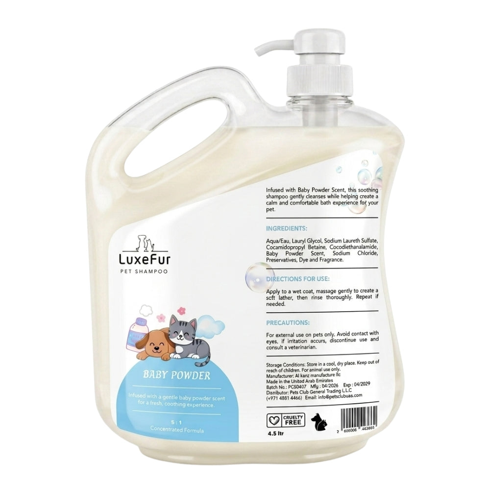 LuxeFur Luxury Pet Shampoo Gallon Baby Powder Scent - 4.5L