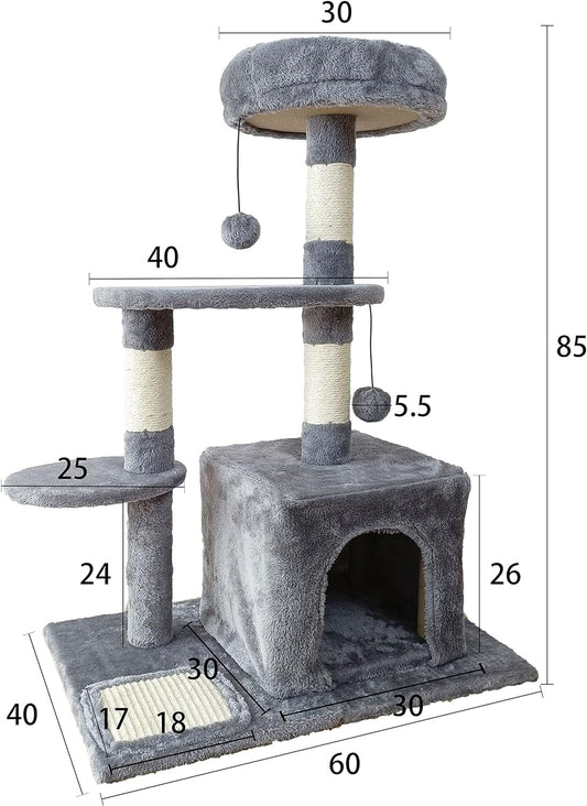 Cat Tree Tower 3 Layer With Sisal Scratching Post 60*40*85cm-Grey
