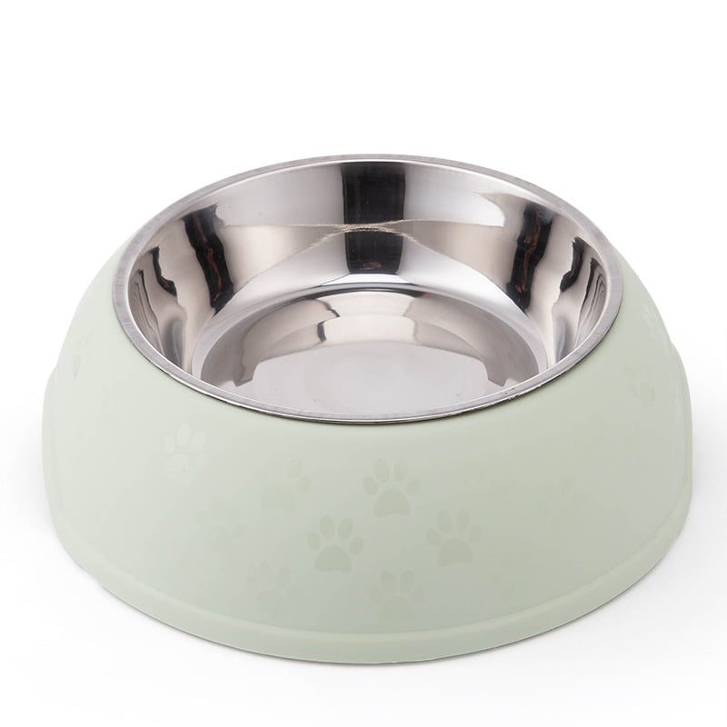 Paw Print Single Dining Pet Feedrer With Stainless Steel Bowl & Non Slip Rubber Bottom-Green -29.5*10Cm