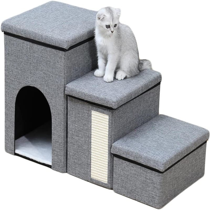 3 Step Foldable Pet House With Stair,Scratcher & Storage