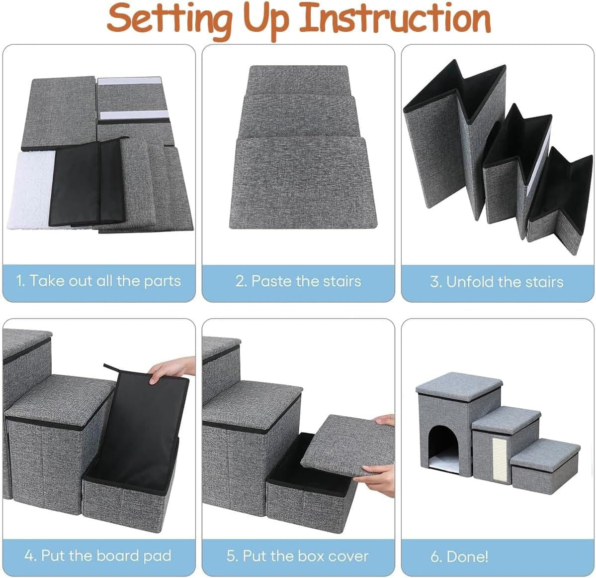 3 Step Foldable Pet House With Stair,Scratcher &amp; Storage