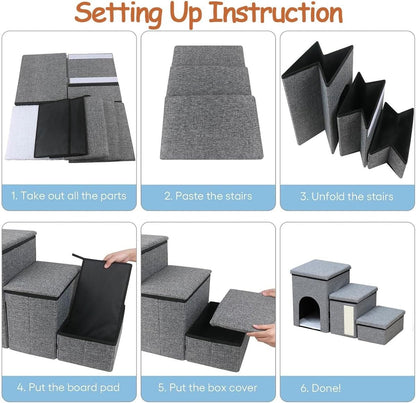 3 Step Foldable Pet House With Stair,Scratcher &amp; Storage