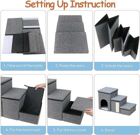 3 Step Foldable Pet House With Stair,Scratcher &amp; Storage