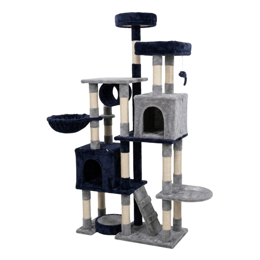 Cozy Paws Cat Tree Tower with Scratching Posts, Condos & Plush Toy – 165×90×40 cm (Grey)