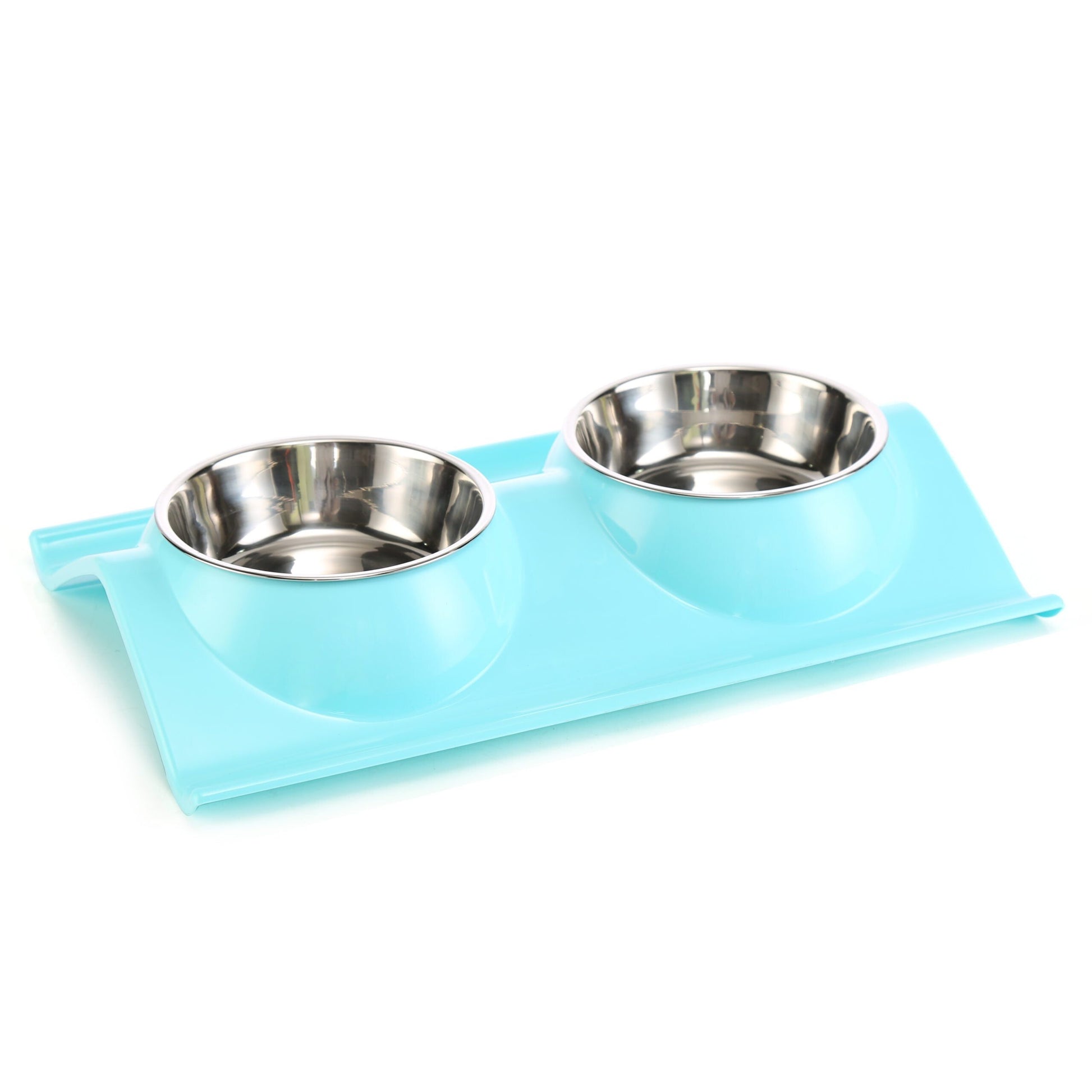 Double Dining Pet Feedrer With Stainless Steel Bowl & Non Slip Rubber Bottom-Blue -38*25*7.5Cm
