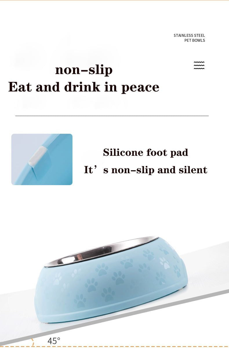 Paw Print Single Dining Pet Feedrer With Stainless Steel Bowl & Non Slip Rubber Bottom-Blue -29.5*10Cm