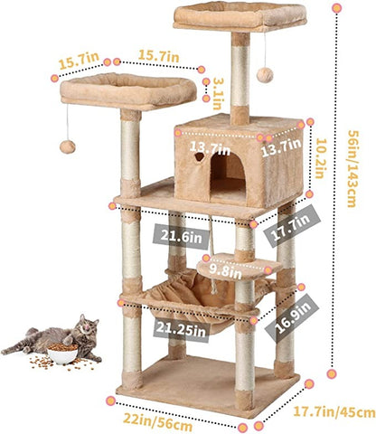 Cat Tree Tower With Sisal Covered Scratching Post, Mdf Board, Corrugated Paper -56*45*143