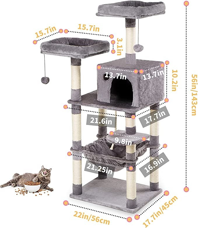 Cat Tree Tall Tower With Sisal Covered Scratching Post, Mdf Board, Corrugated Paper -56*45*143