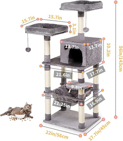 Cat Tree Tall Tower With Sisal Covered Scratching Post, Mdf Board, Corrugated Paper -56*45*143