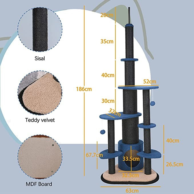 Cat Tree Tall Tower With Sisal Covered Scratching Post, Mdf Board, Plush, Sisal Rope -65*65*188 Cm