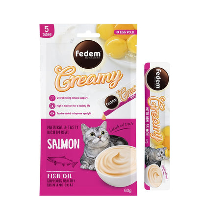 Fedem Cat Creamy Treats ? Salmon Flavour with Egg Yolk 60gx5 pcs (box contain 12pcs)