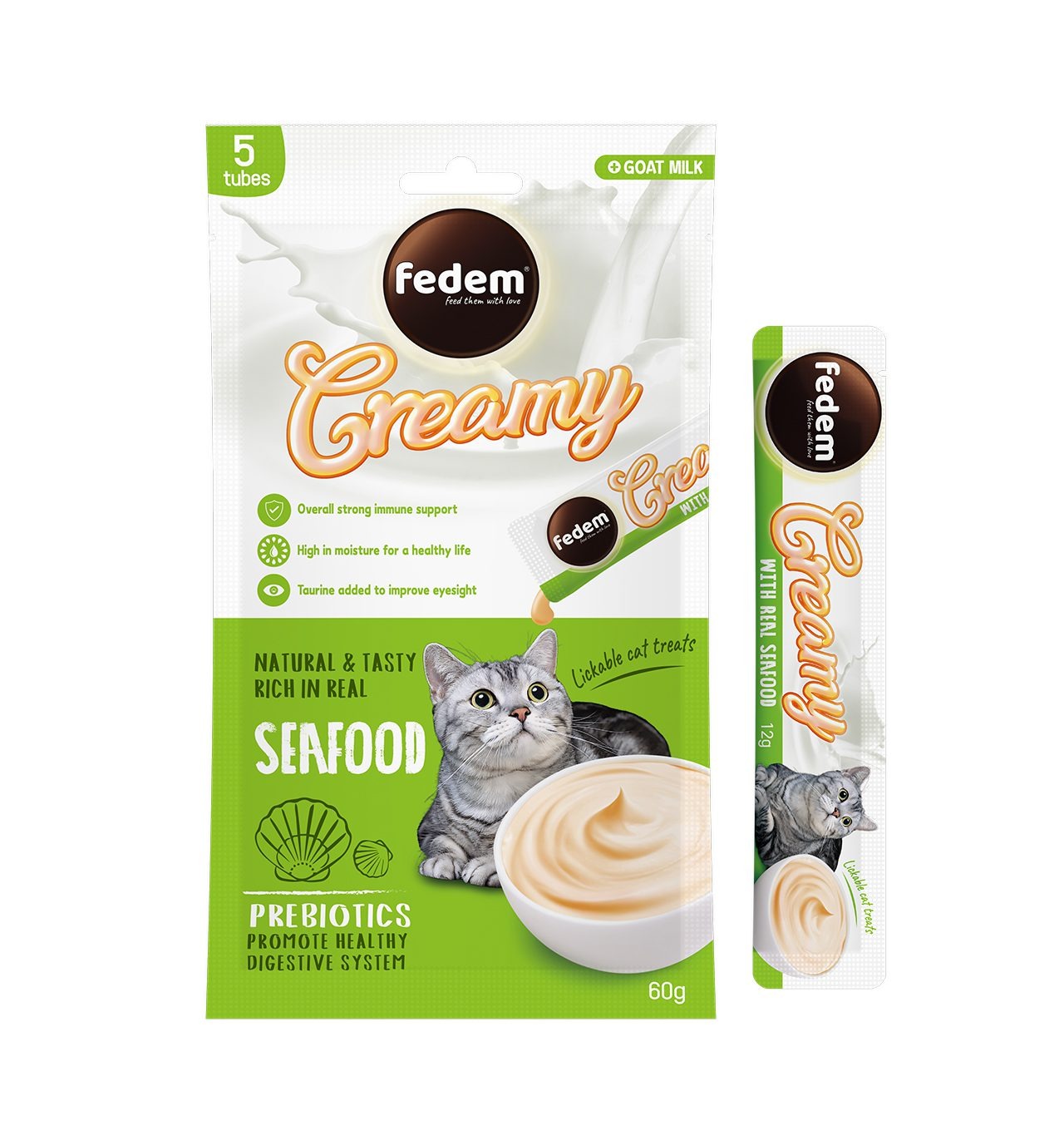 Fedem Cat Creamy Treats ? Seafood Flavour with Goat Milk 60gx5pcs (box contain 12pcs)