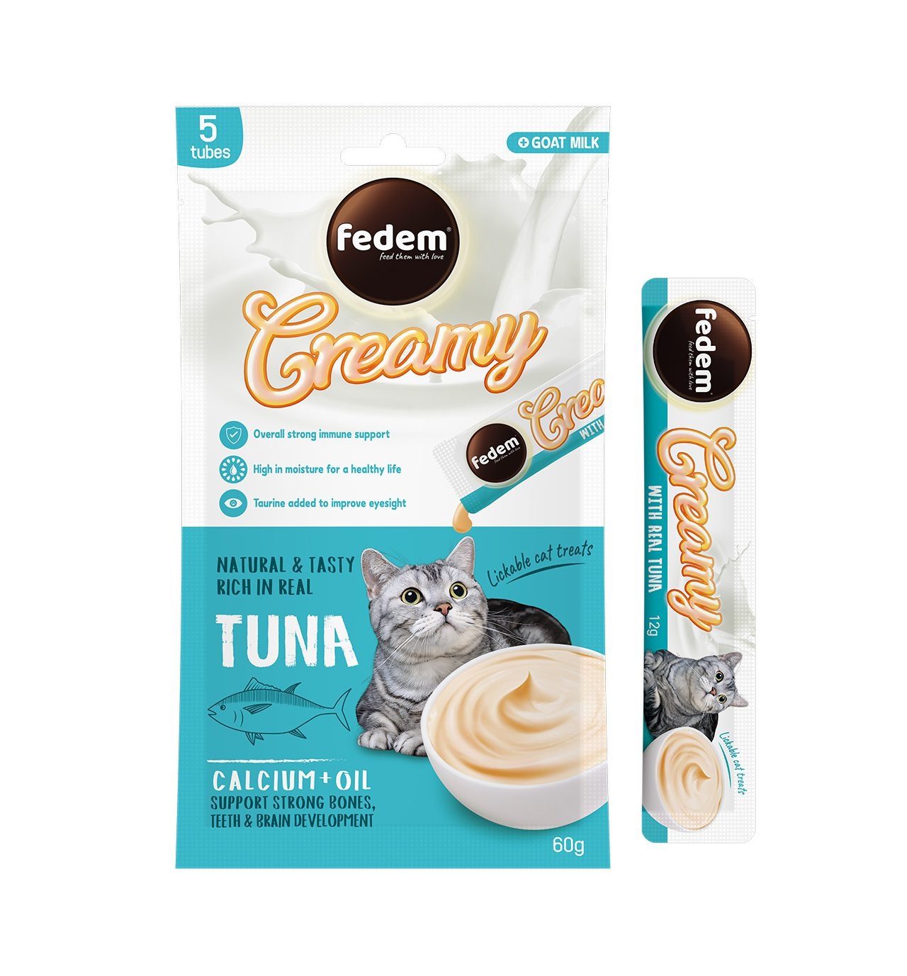 Fedem Cat Creamy Treats ? Tuna Flavour with Goat Milk 60gx5pcs (box contain 12pcs)