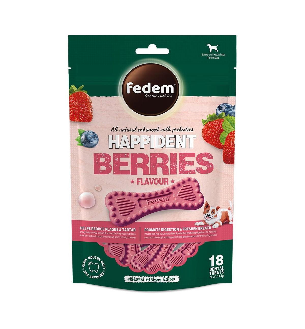 Fedem Happident Petite Dog Treats ? Berries Flavour 144g (18 pcs)