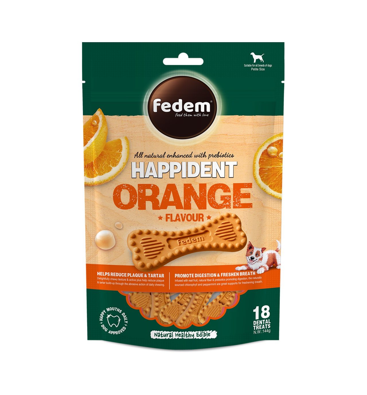 Fedem Happident Petite Dog Treats ? Orange Flavour 144g(18pcs)