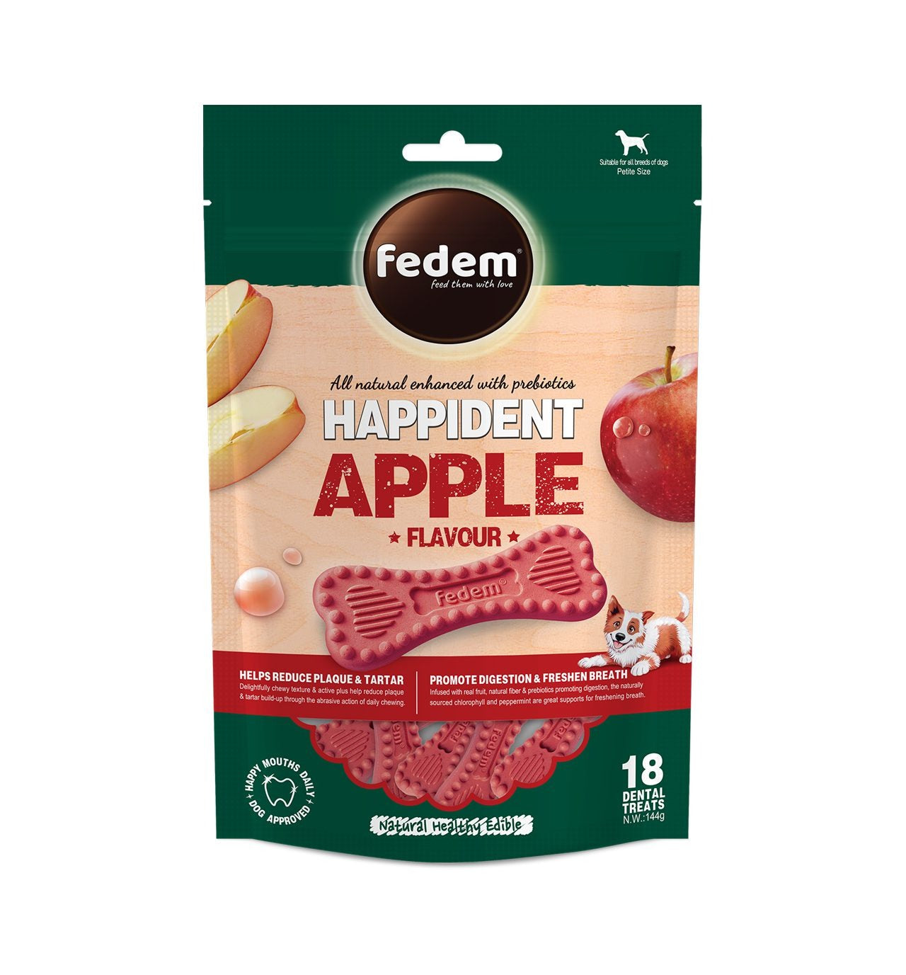 Fedem Happident Petite Dog Treats ? Apple Flavour 144g (18 pcs)