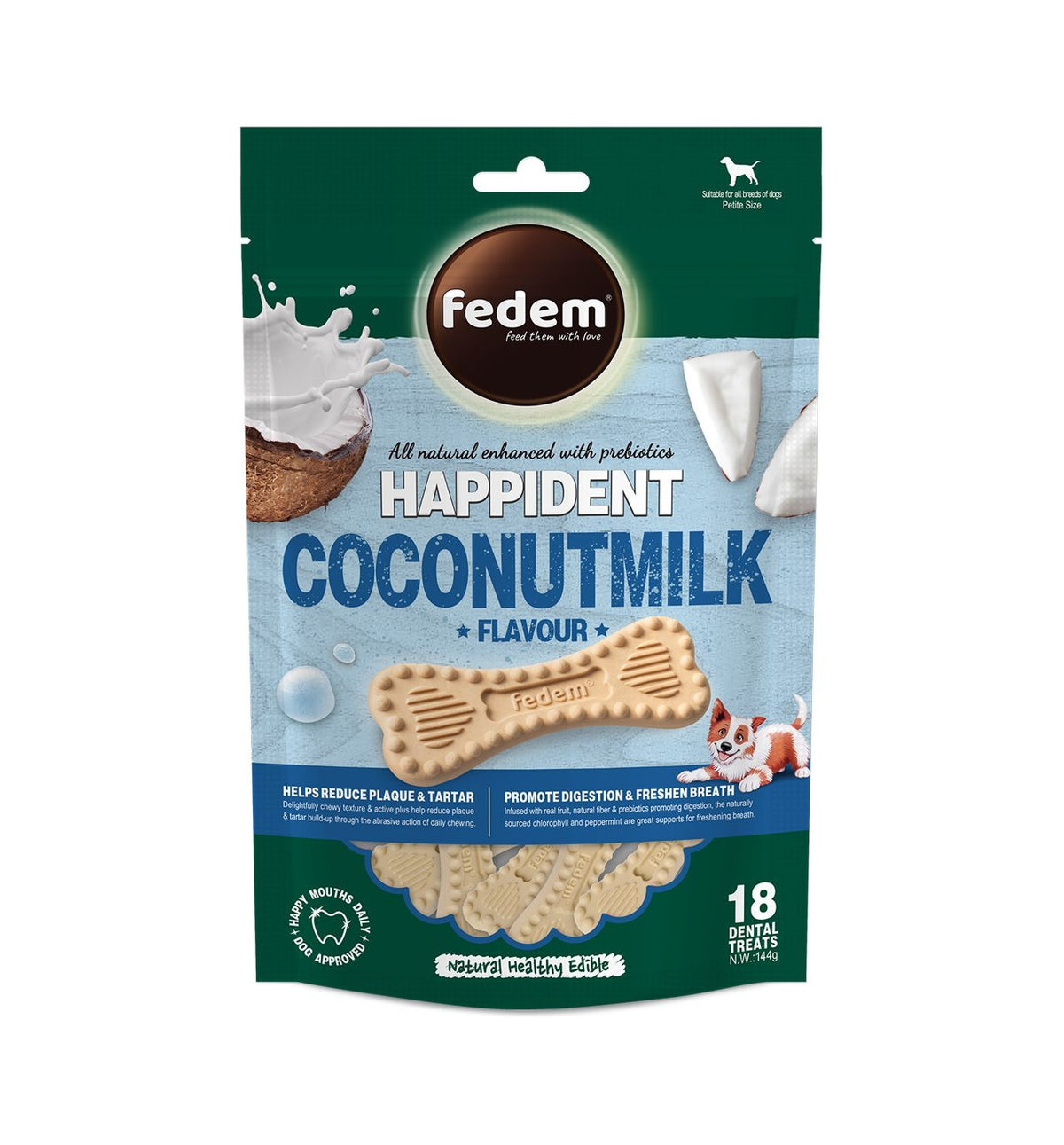 Fedem Happident Petite Dog Treats ? Coconut Milk Flavour 144g(18pcs)