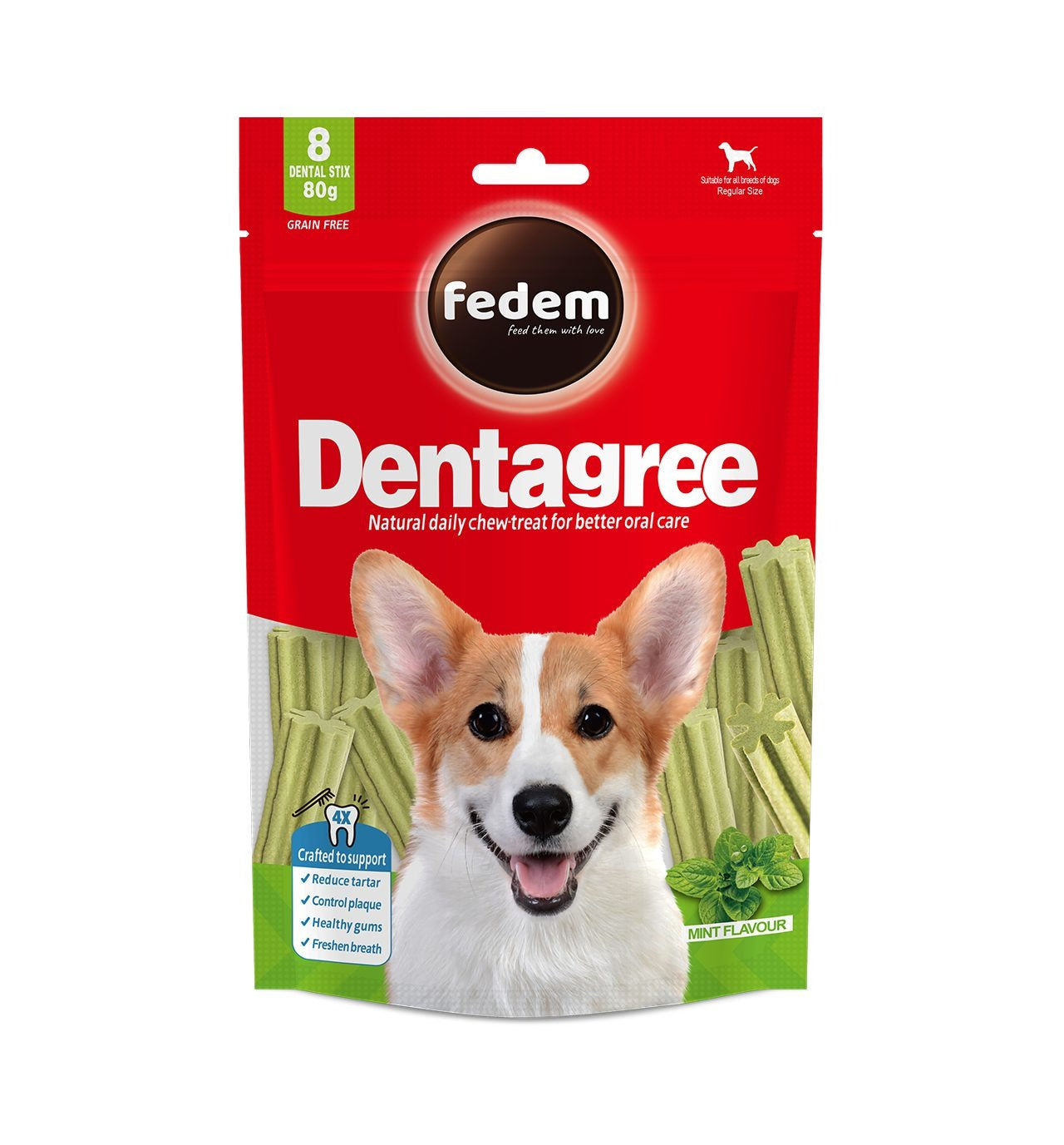 Fedem Dentagree Regular Dental Stix for Dogs ? Mint Flavour 80g (8 pcs)