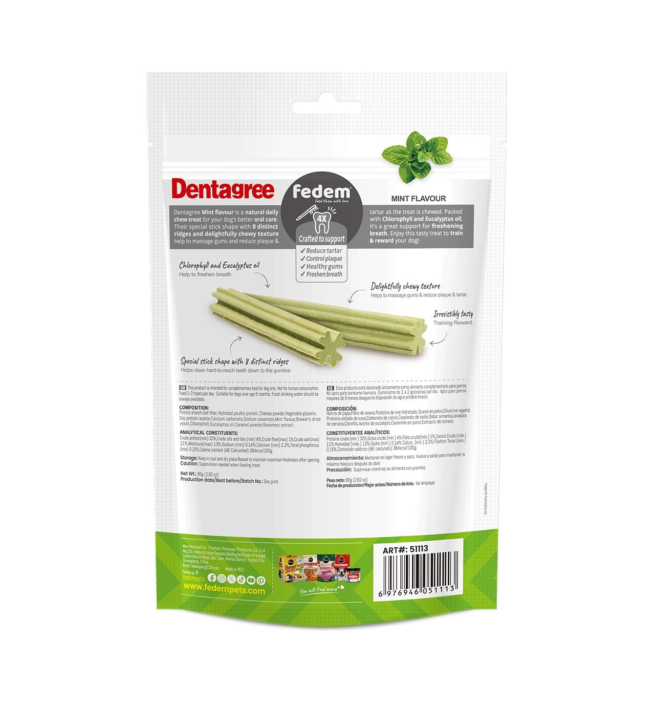 Fedem Dentagree Regular Dental Stix for Dogs ? Mint Flavour 80g (8 pcs)