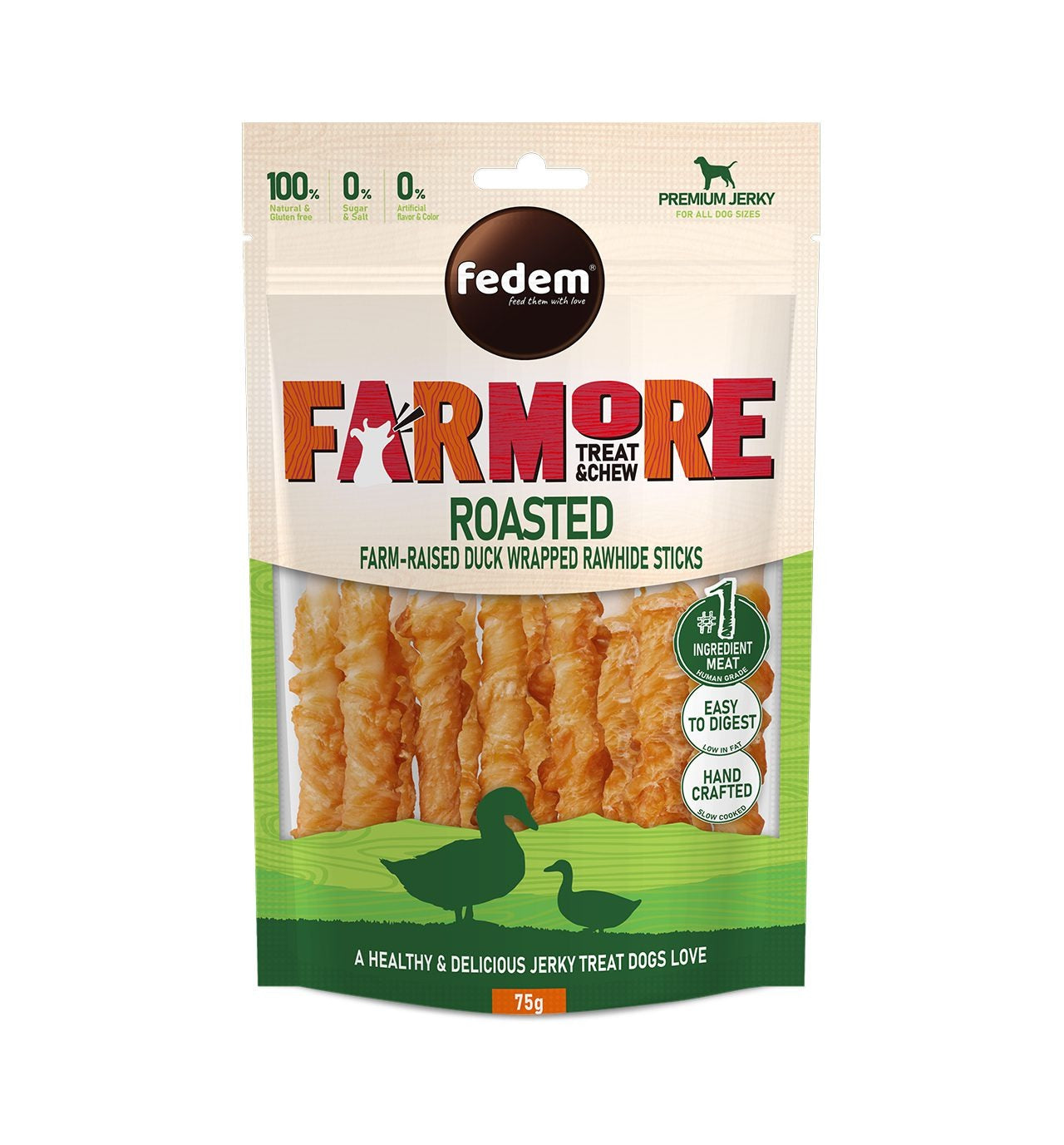 Fedem Farmore Jerky for Dogs ? Roasted Farm-Raised Duck Wrapped Rawhide Sticks 75g