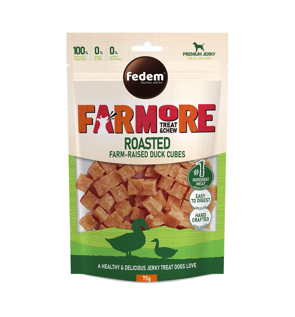 Fedem Farmore Jerky for Dogs ? Roasted Farm-Raised Duck Cubes 75g