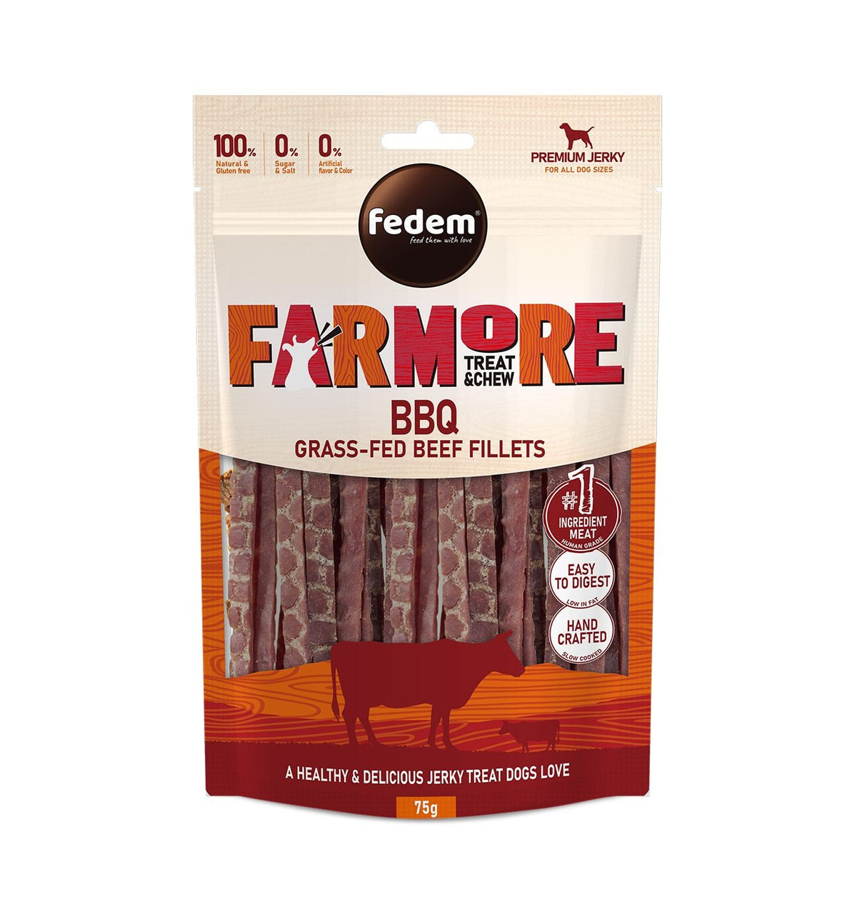 Fedem Farmore Jerky for Dogs ? BBQ Grass-Fed Beef Fillets 75g