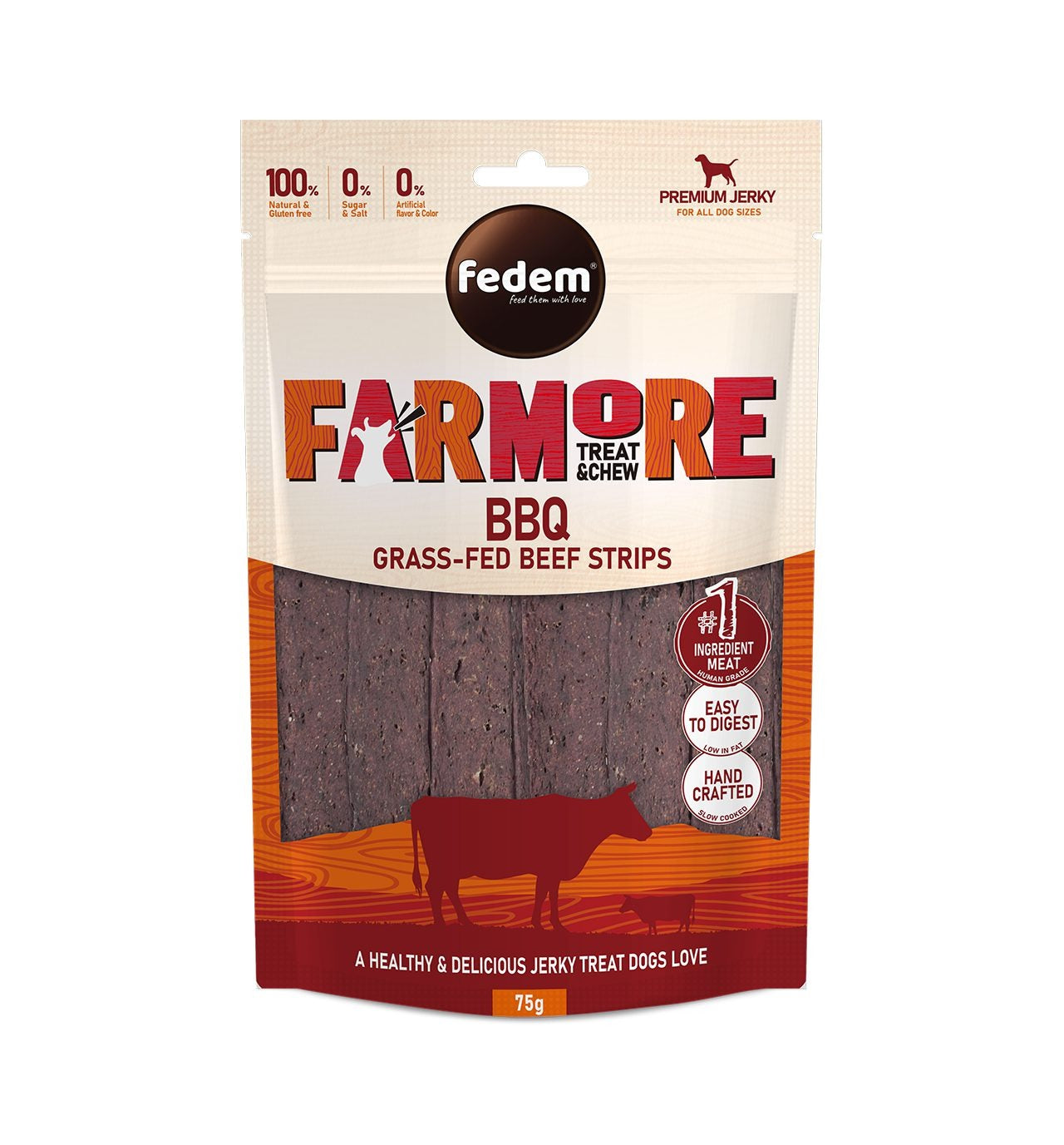 Fedem Farmore Jerky for Dogs ? BBQ Grass-Fed Beef Strips 75g