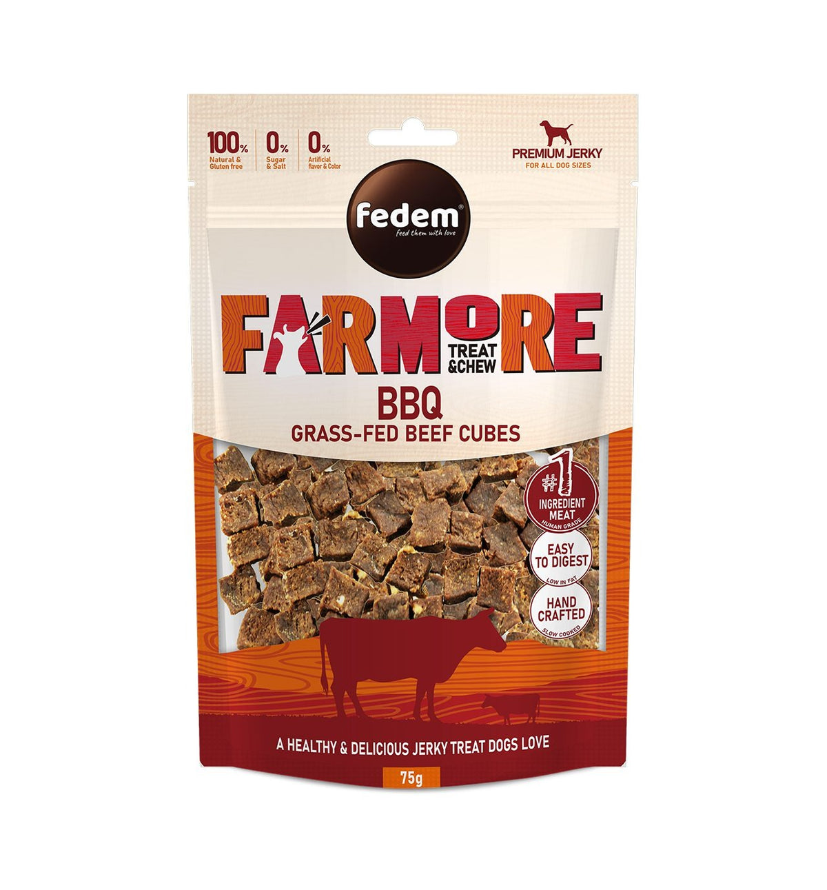 Fedem Farmore Jerky for Dogs ? BBQ Grass-Fed Beef Cubes 75g