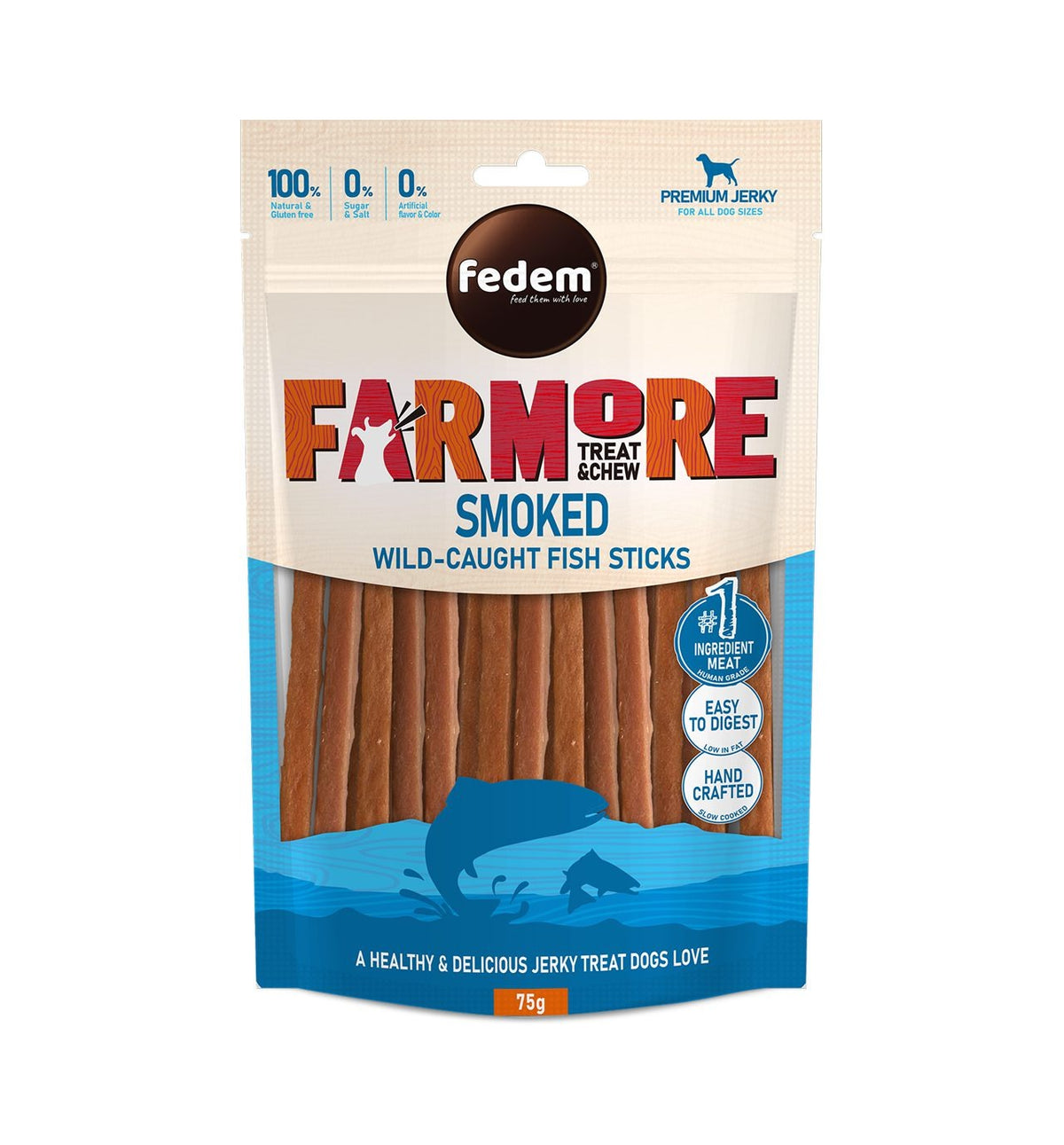 Fedem Farmore Jerky for Dogs ? Smoked Wild-Caught Fish Sticks 75g
