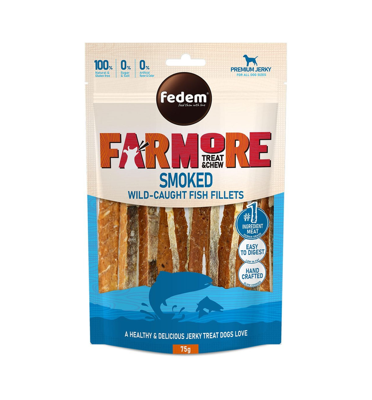 Fedem Farmore Jerky for Dogs ? Smoked Wild-Caught Fish Fillets 75g