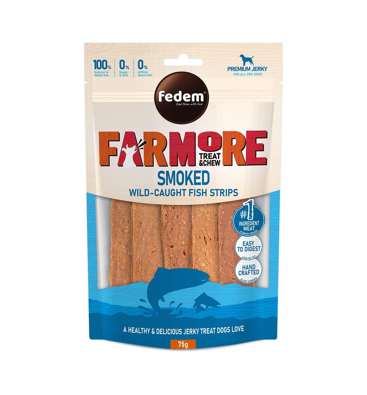 Fedem Farmore Jerky for Dogs ? Smoked Wild-Caught Fish Strips 75g