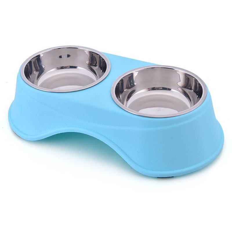 Double Dining Pet Feedrer With Stainless Steel Bowl & Non Slip Rubber Bottom-Blue- 36.5*19*9