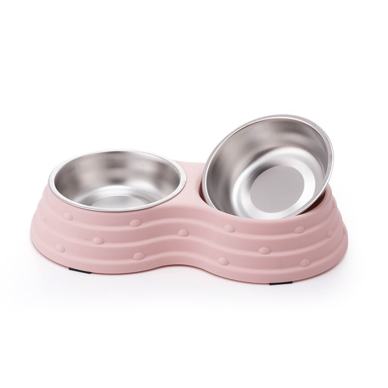 Double Dining Pet Feedrer With Stainless Steel Bowl & Non Slip Rubber Bottom-Pink -41.5*22*7Cm