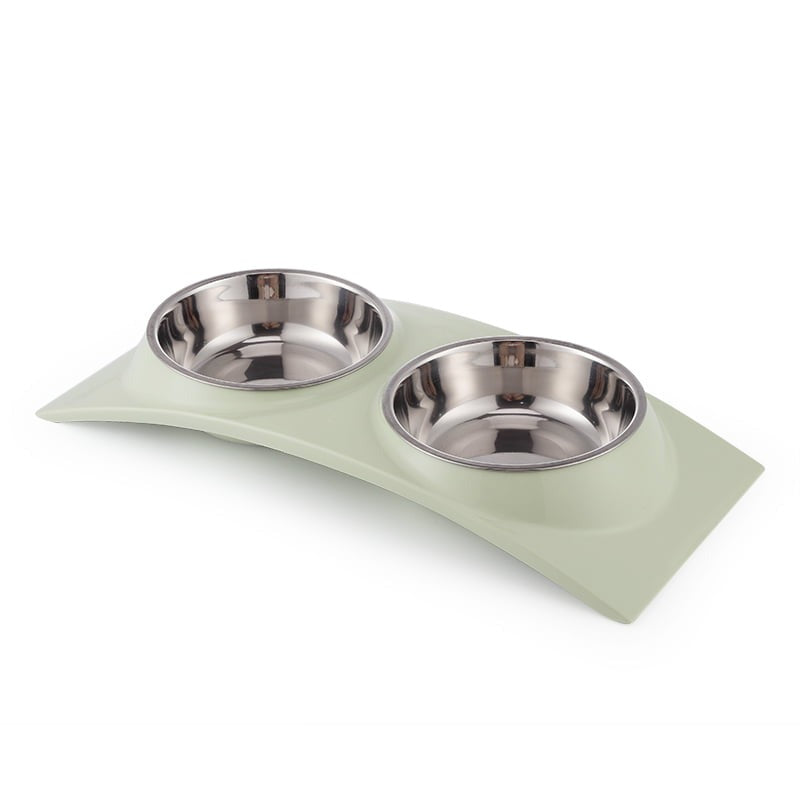 Double Dining Pet Feedrer With Stainless Steel Bowl & Non Slip Rubber Bottom-Green -38.5*16.7*5Cm