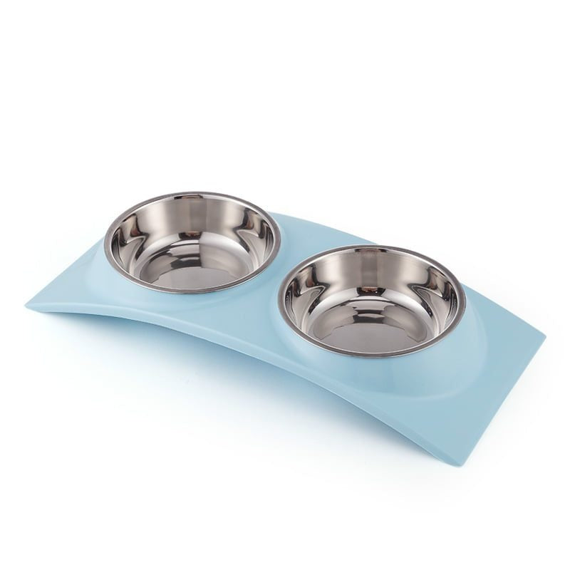 Double Dining Pet Feedrer With Stainless Steel Bowl & Non Slip Rubber Bottom-Blue -38.5*16.7*5Cm