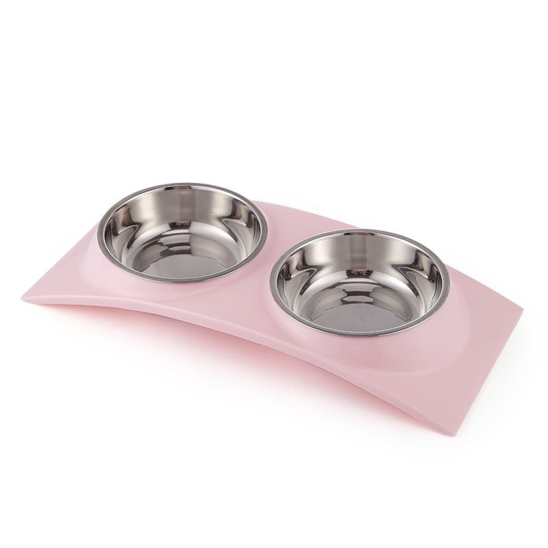 Double Dining Pet Feedrer With Stainless Steel Bowl & Non Slip Rubber Bottom-Pink -38.5*16.7*5Cm