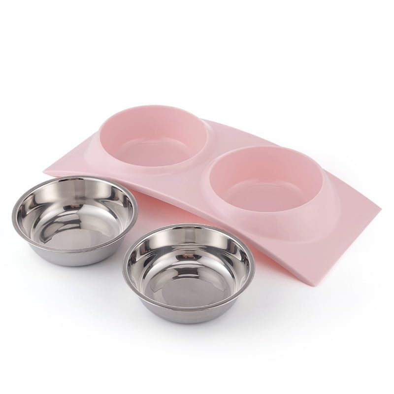 Double Dining Pet Feedrer With Stainless Steel Bowl & Non Slip Rubber Bottom-Pink -38.5*16.7*5Cm