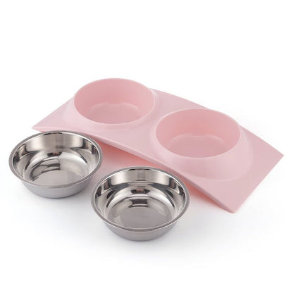 Double Dining Pet Feedrer With Stainless Steel Bowl & Non Slip Rubber Bottom-Pink -38.5*16.7*5Cm