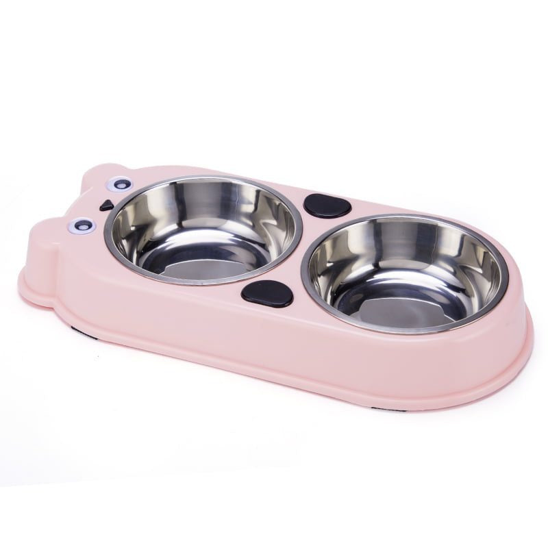 Double Dining Bear Shaped Pet Feedrer With Stainless Steel Bowl & Non Slip Rubber Bottom 37*18.5*5Cm