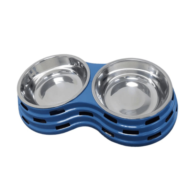 Double Dining Pet Feedrer With Stainless Steel Bowl & Non Slip Rubber Bottom Blue -33.5*18*6Cm