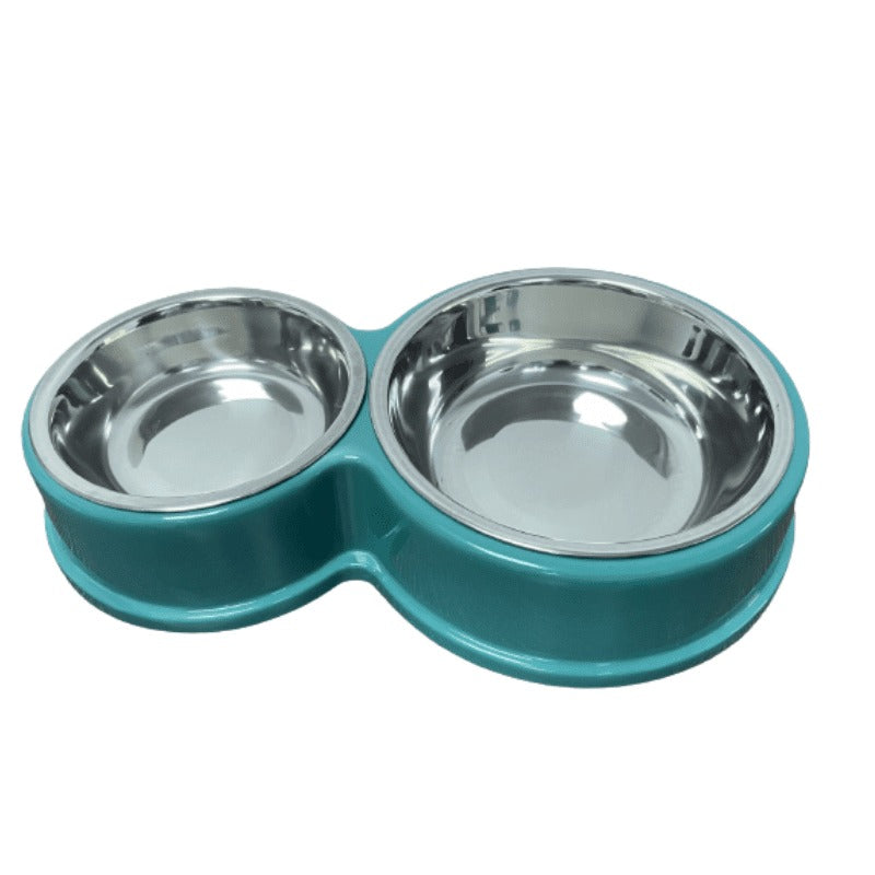 Double Dining Pet Feedrer With Stainless Steel Bowl & Non Slip Rubber Bottom ? 28.3*17.3*5Cm
