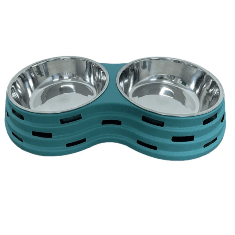 Double Dining Pet Feedrer With Stainless Steel Bowl &amp; Non Slip Rubber Bottom-Green -41.5*22*7Cm