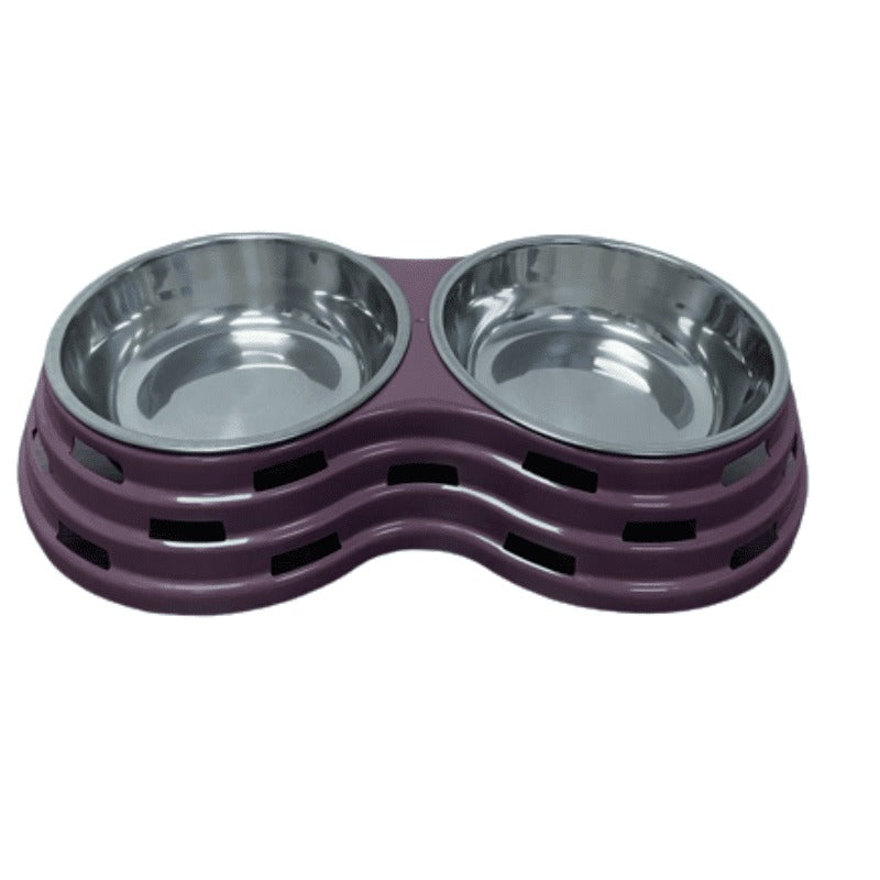 Double Dining Pet Feedrer With Stainless Steel Bowl & Non Slip Rubber Bottom-Purple -33.5*18*6Cm