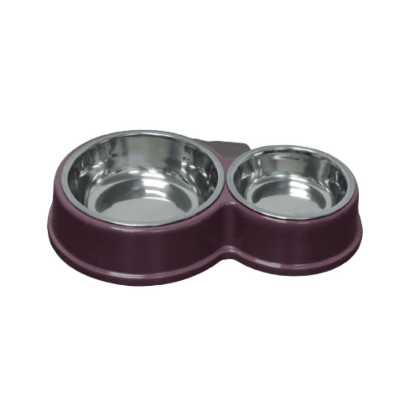 Double Dining Pet Feedrer With Stainless Steel Bowl & Non Slip Rubber Bottom-Purple ? 28.3*17.3*5Cm